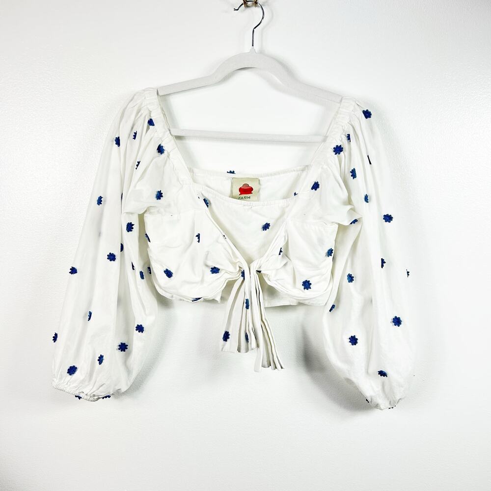 Farm Rio White Blue Daisy Flower Bow Front Top Blouse Size XS